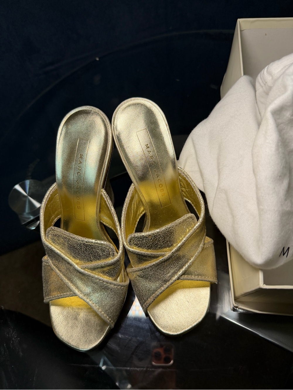Marc Jacobs Gold Metallic Crossover Slide Mules